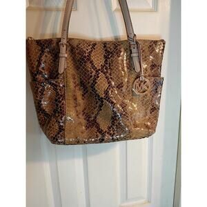 Michael Kors Marigold Python Tote Bag Brown Black Gold Charm Side Pockets Zip...